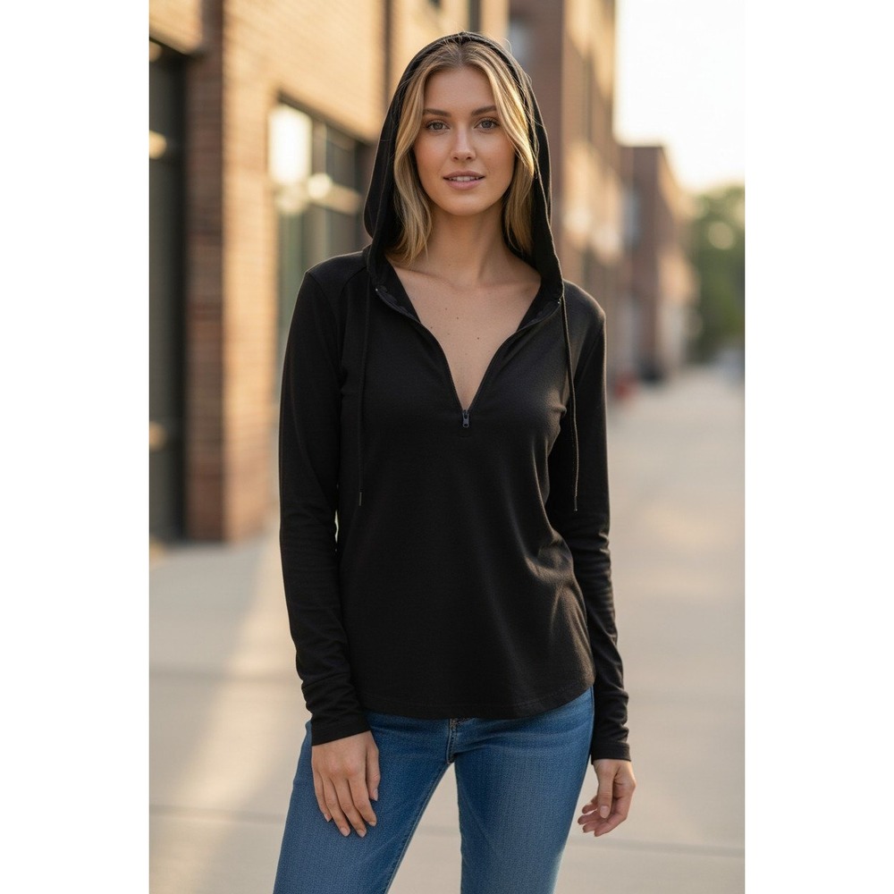 Bella Womens Black Long Sleeve 1/4 Zip Hoodie Lightweight Pullover Medium